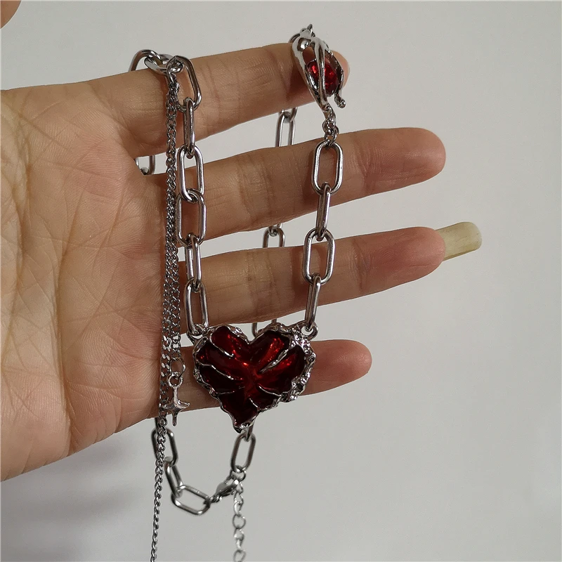 Women'S Emo Accessories - Kırmızı Lav Kalp Yıldız Çapraz Kolye
